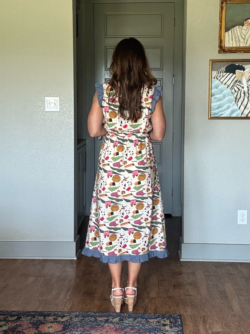 THML Novelty Print Midi Dress Ruffle Sleeve Pockets Size Medium - Picture 3 of 6